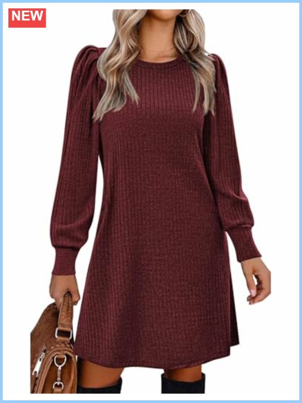 Zeagoo Women Knit Puff Long Sleeve Tunic Dress Fall Winter Casual